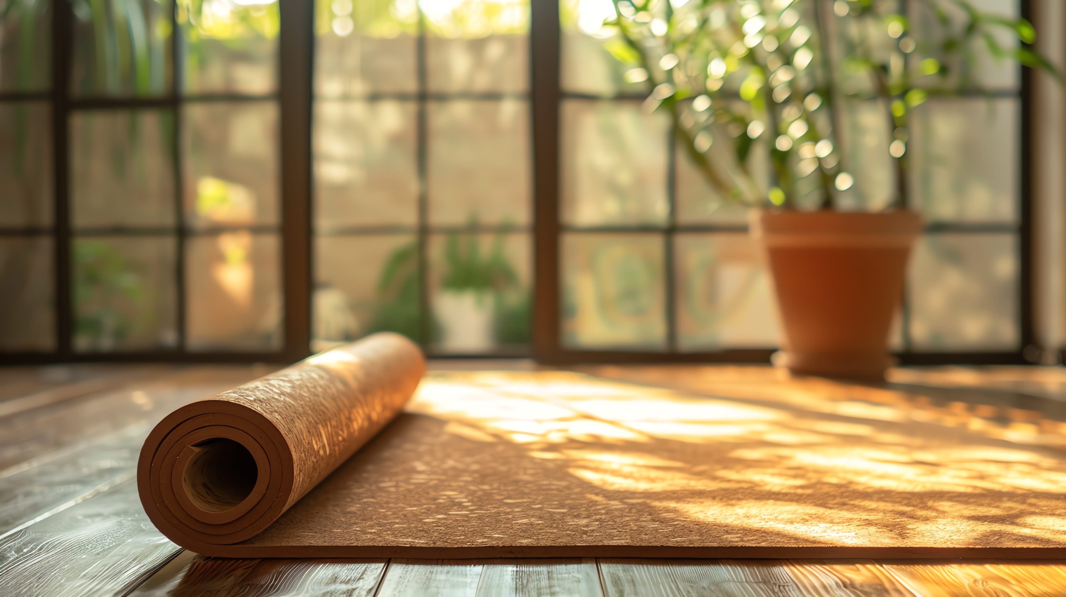  rolled-up-cork-yoga-mat-lays-wooden-floor-with-window-plant-background_1