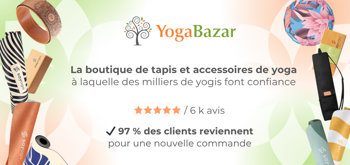 Yoga Bazar — boutique de tapis et accessoires de yoga à laquelle font confiance des milliers de yogis. 6 000 avis. 97 % des clients reviennent pour une nouvelle commande.