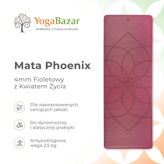 Mata do jogi Phoenix 4mm - Fioletowy z Kwiatem Życia