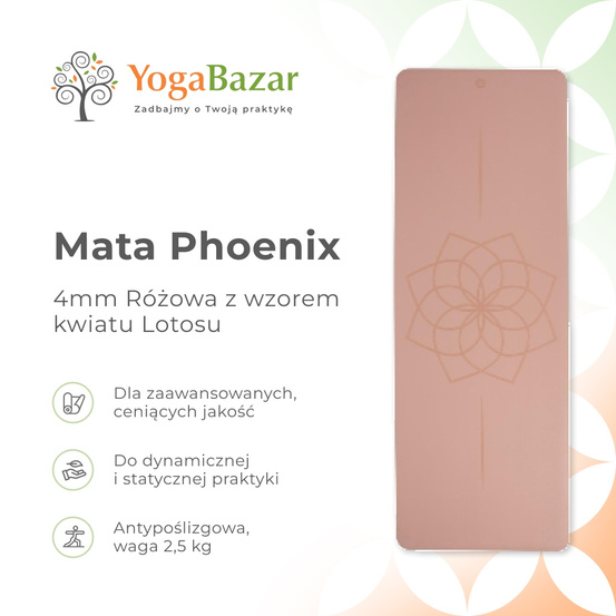 Mata do jogi Phoenix 4mm - Różowa z wzorem kwiatu Lotosu