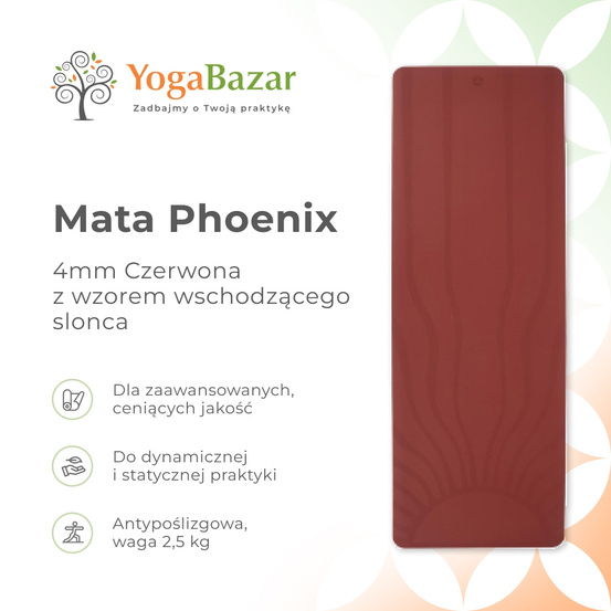Mata do jogi Phoenix 4mm - Czerwona z wzorem wschodzącego słońca
