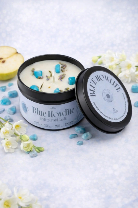 Świeca myga z kamieniami naturalnymi - Niebieski Howlit