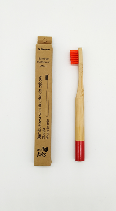 Bambusowa szczoteczka do zębów z twardym włosiem dla dzieci - czerwona