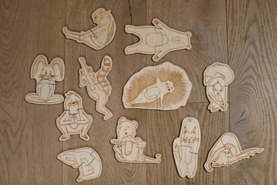 Jograki – jogowe zwierzaki drewniane puzzle joga (2 elementowe) leśne asany